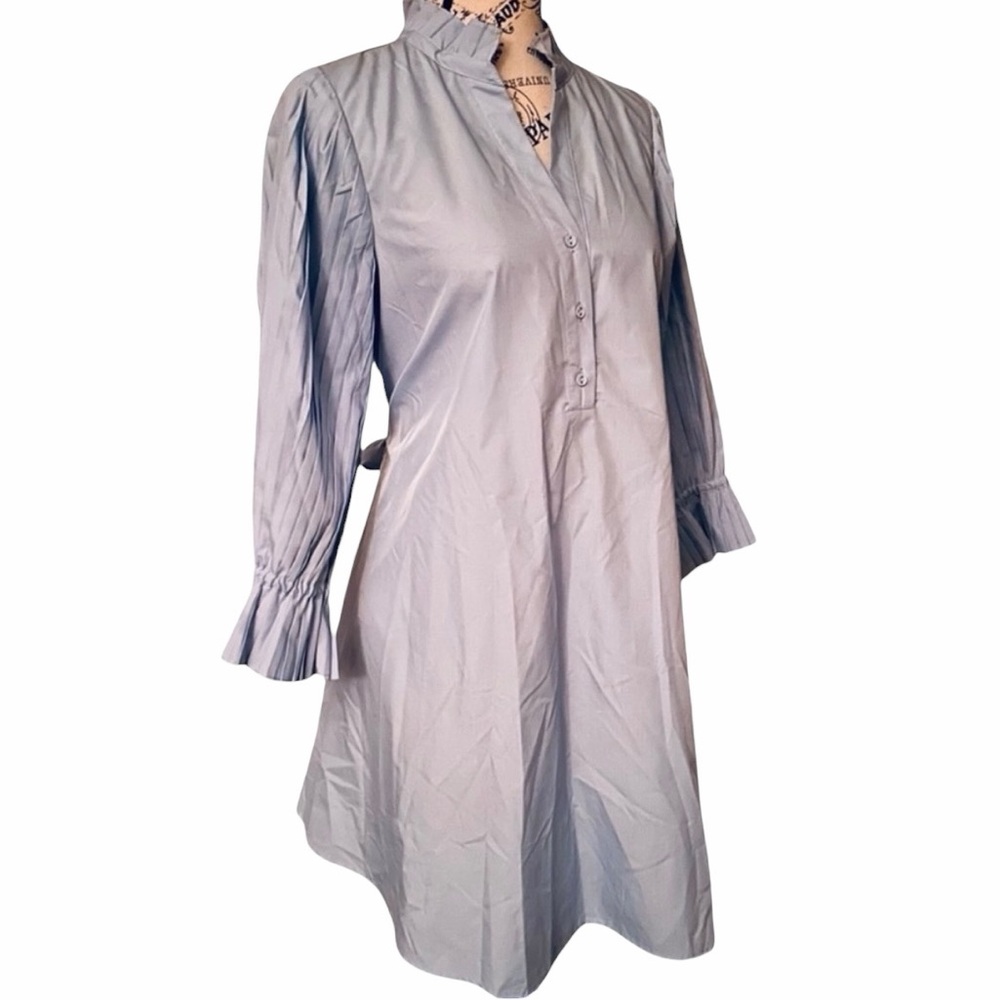 THML Mini Swing Dress Small Icy Baby Blue Poplin Pleated 3/4 Sleeve A Line NWOT - Picture 4 of 15
